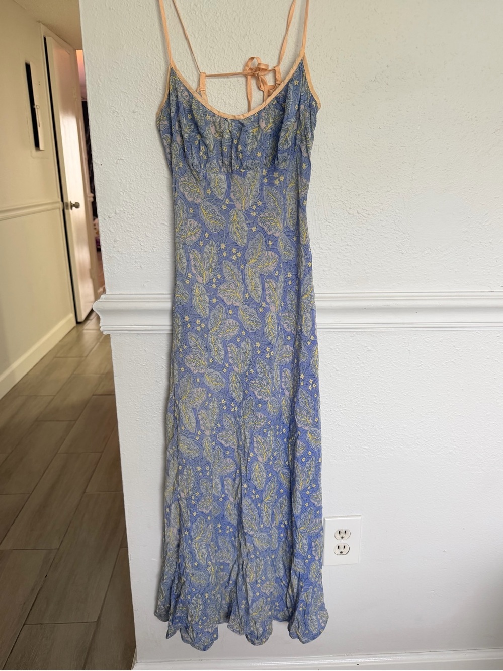 Vintage Blue Paisley Slip Dress with Peach Trim
